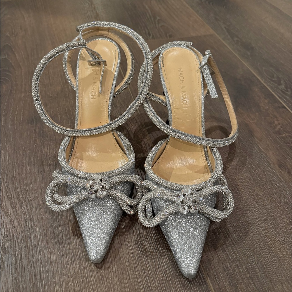 MACH & MACH Silver Glitter Heels with Bow Detail